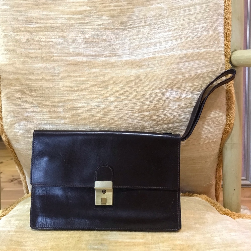 Vintage Clutch Wristlet Bag Dark Brown Leather Unisex Purse with Lock Handmade